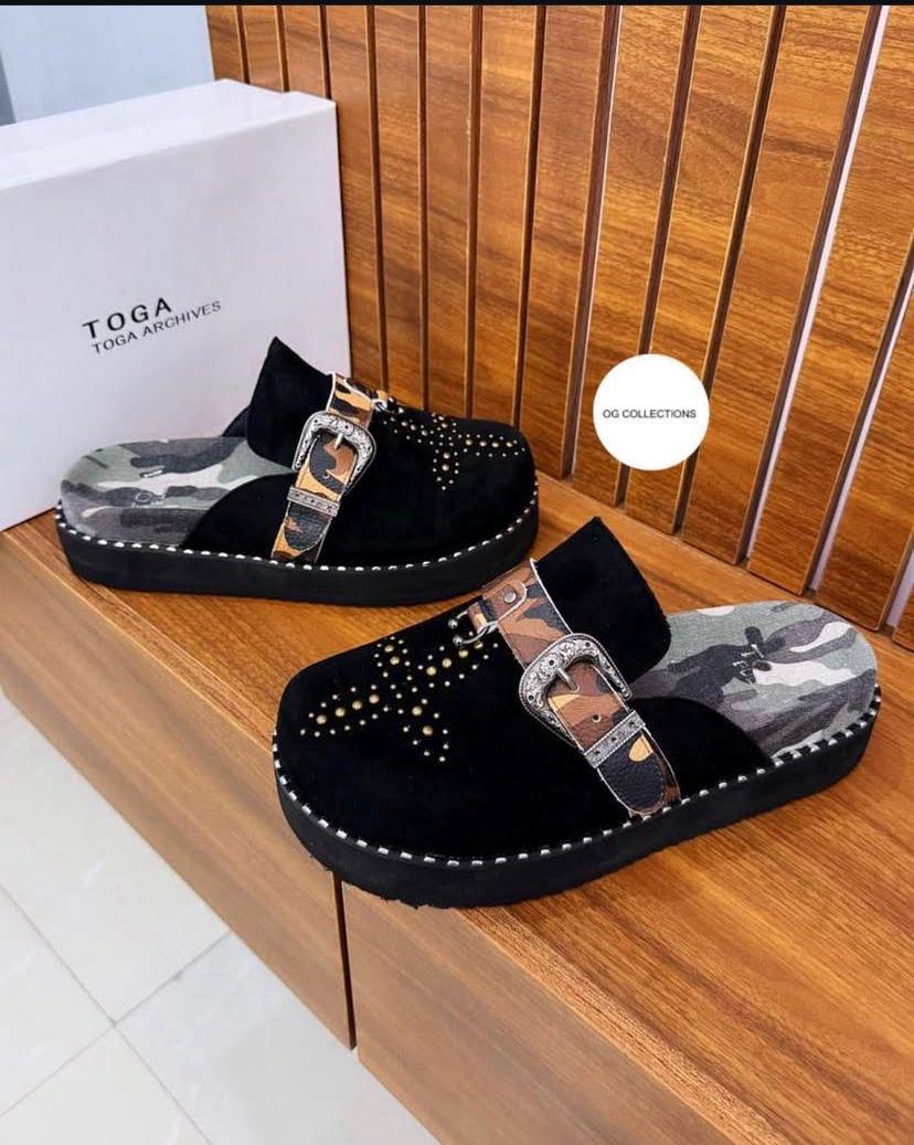 Toga Archives Studded Suede Mules with Camo Strap | Beeval Toga Archives Studded Suede Mules with Camo Strap | Beeval
