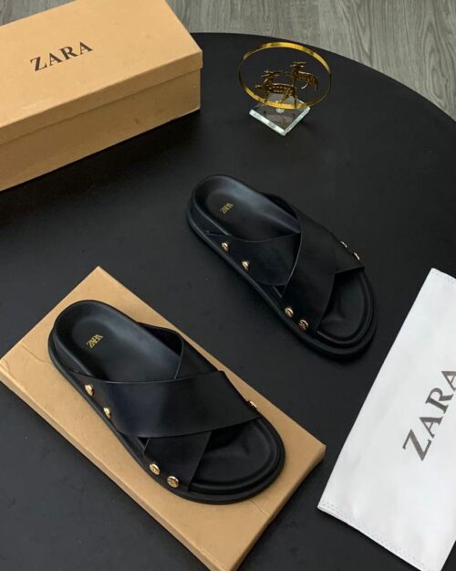 Zara Black Criss-Cross Flat Studded Slide Sandals