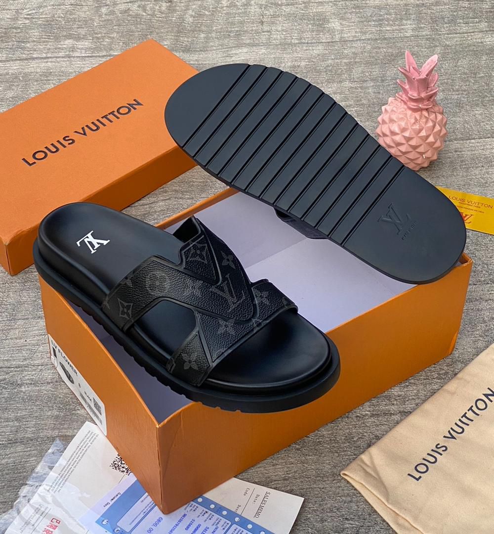 Louis Vuitton LV Palace Slipper in Black Damier Grained Leather Louis Vuitton LV Palace Slipper in Black Damier Grained Leather