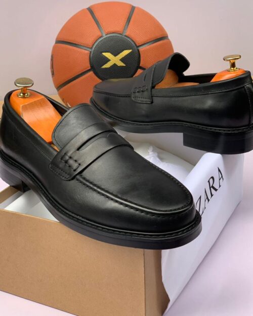 Zara Black Leather Classic Penny Loafers
