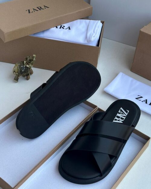 Zara Black Flat Crossed-Strap Slide Sandals