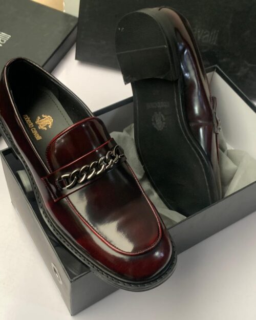 Roberto Cavalli Dark Red Patent Leather Chain-Link Loafers