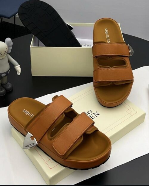 Alexander McQueen Hybrid Leather Double-Strap Slides – Tan | Beeval Nigeria