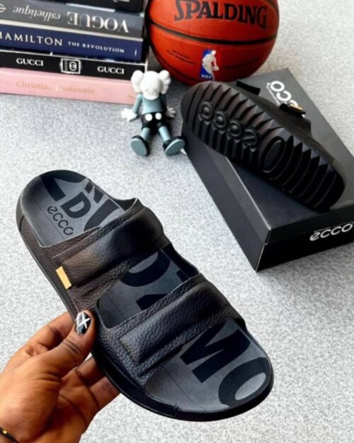 ECCO Men's Black Grained Leather Two-Strap Slides – Premium Comfort | Beeval Nigeria