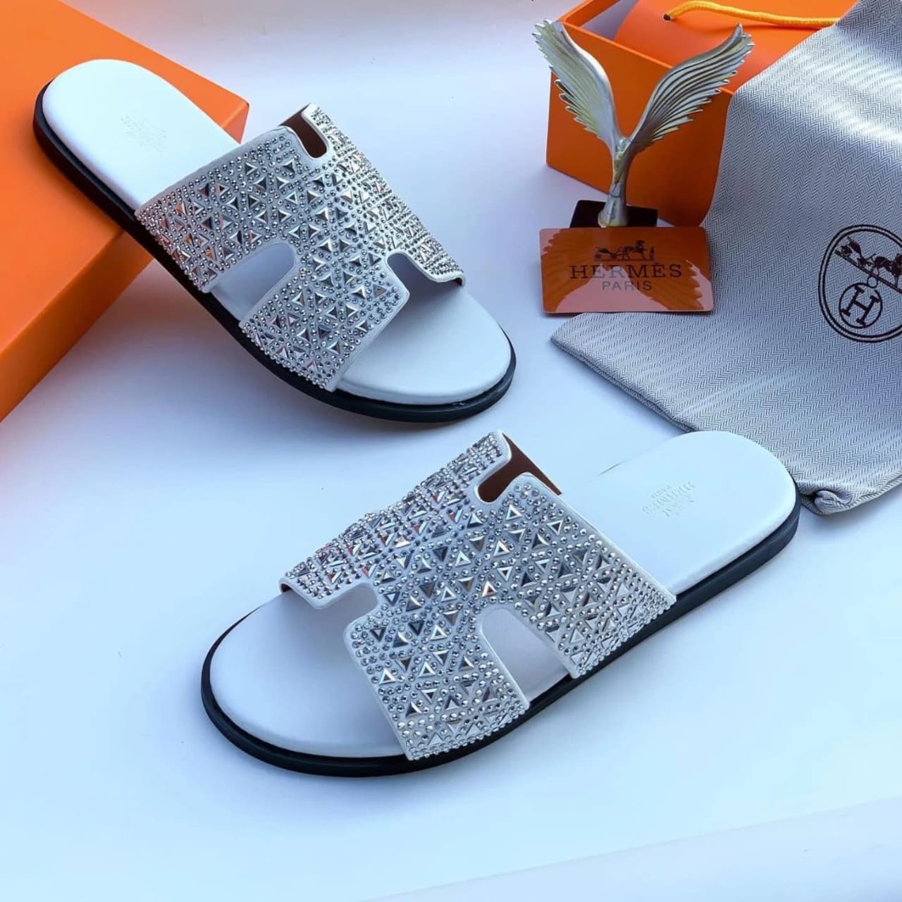 Hermès White Studded Oran Slippers Hermès White Studded Oran Slippers