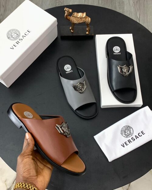 Versace Black Leather Slide Sandals